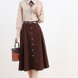 Brown Button Midi Skirt, A Line Swing Skirt, High Waisted Skirt, Women ...
