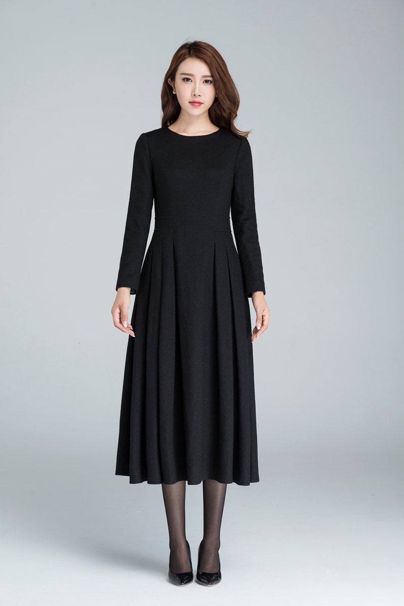 Long black dress, wool dress, winter dress, long women dresses, pleated dress, handmade dress, ladies dresses, long sleeve dress 1614 image 5