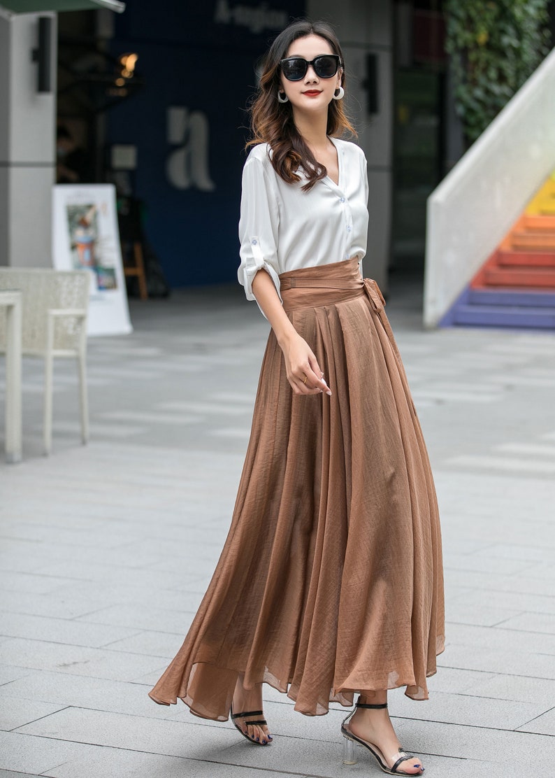 Summer Swing Chiffon maxi Skirt, Circle Long chiffon Skirt for Women, Flowy Pleated Long Skirt, Belted chiffon skirt, Mod Clothing 3533 image 6