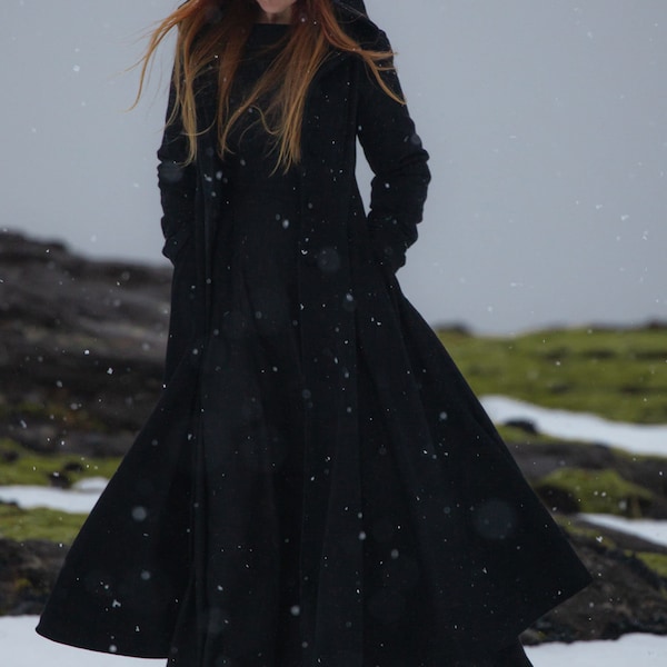 Cappotto lungo in lana, cappotto nero in lana da donna, cappotto con cappuccio in lana Swing, cappotto caldo, cappotto comodo, cappotto alla moda, cappotto caldo invernale, cappotto fatto a mano 1958#