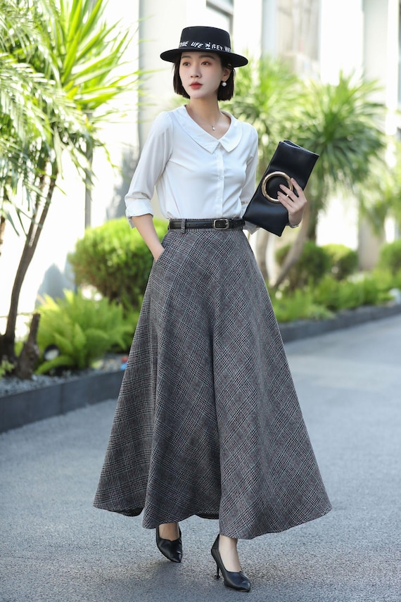 Jupe à carreaux pour femme - Jupe en laine - Pour l'hiver - Swing A - Ligne rétro - Jupe plissée vintage - Avec poches et taille haute, Noir , XXL