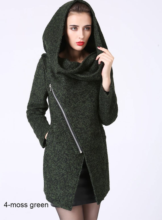 Asymmetric contrast clearance hooded skirted coat