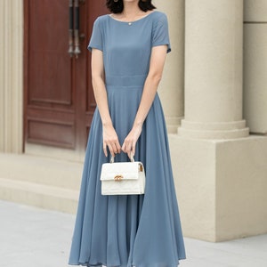 Summer office dress, Blue Chiffon Dress, Midi chiffon dress, Womens Swing Chiffon dress, fit and flare dress, Custom dress, XiaoLizi 5192 image 3
