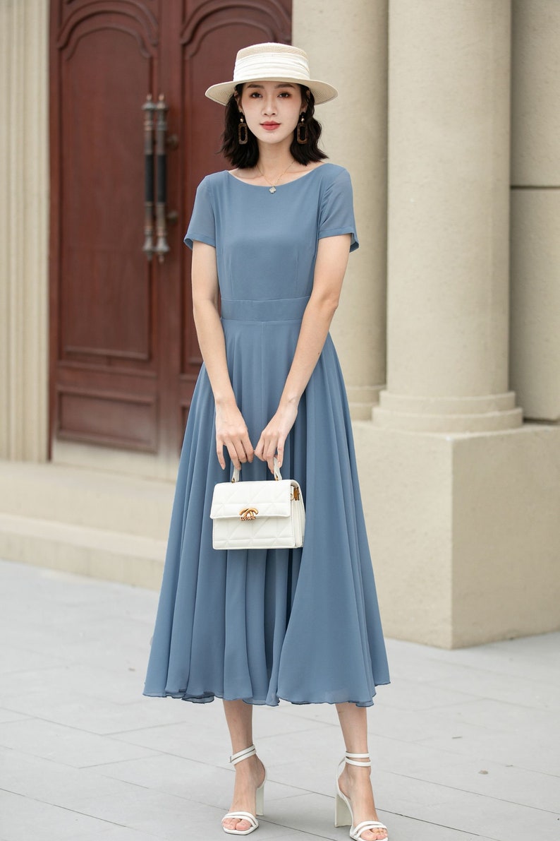 Summer office dress, Blue Chiffon Dress, Midi chiffon dress, Womens Swing Chiffon dress, fit and flare dress, Custom dress, XiaoLizi 5192 image 3