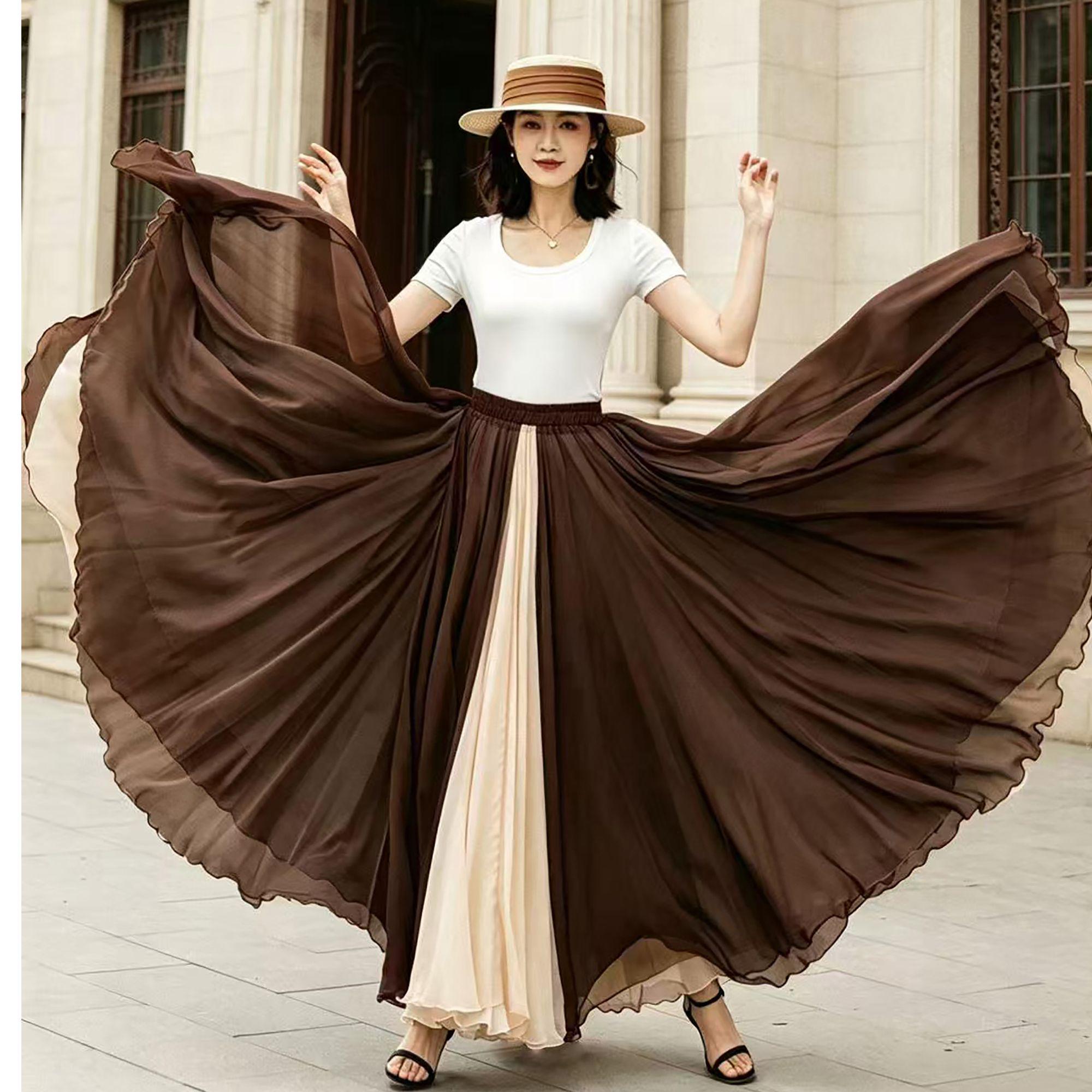 Brown Chiffon Maxi Skirt, Reversible Two Way Full Circle Skirt