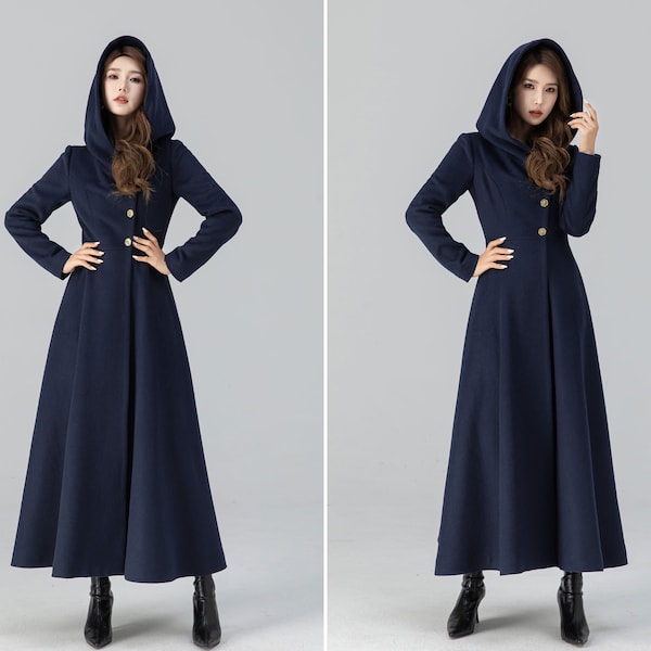 Navy blue wool coat, Long Swing wool Coat, Hooded wool coat, Single Breasted Wool Coat, Fit and Flare Coat, Custom Winter Coat Xiaolizi 4662