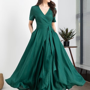 Green Wrap Linen dress, Summer Linen Maxi dress, Womens dress, Long Linen dress, Dress with pockets, Short Sleeve dress, Custom dress 4248 image 3