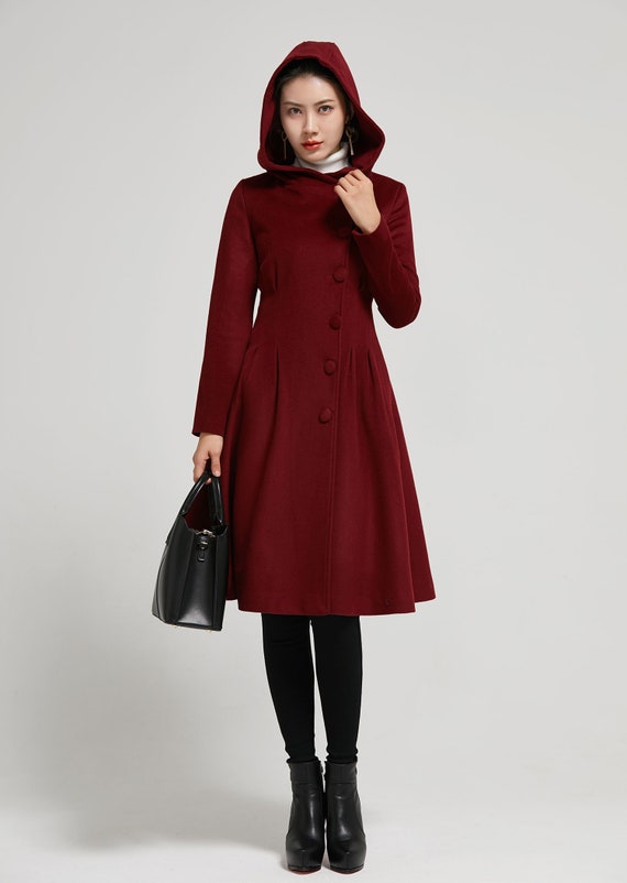 Winter coat women wine red hooded coat wool winter coat | Etsy
