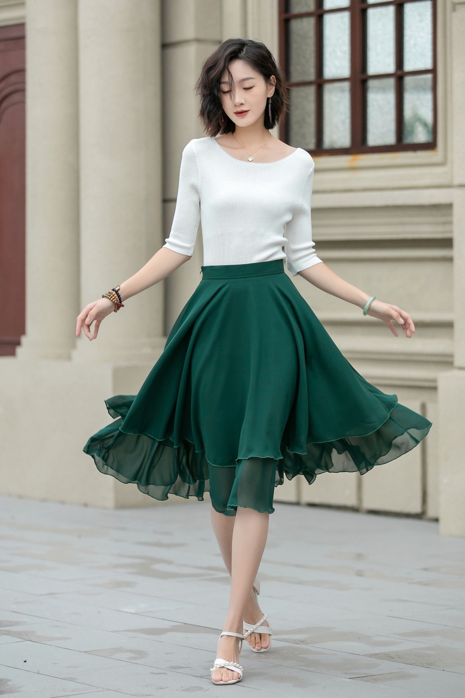 Chiffon Circle Skirt, High Waisted Chiffon Skirt, Green