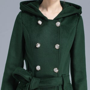 Damen Trenchcoat, Militärmantel Damen, Grüner langer Wollmantel mit Kapuze, Wintergürtel Swing Coat, doppelreihige Prinzessin Mantel 3212 Bild 6