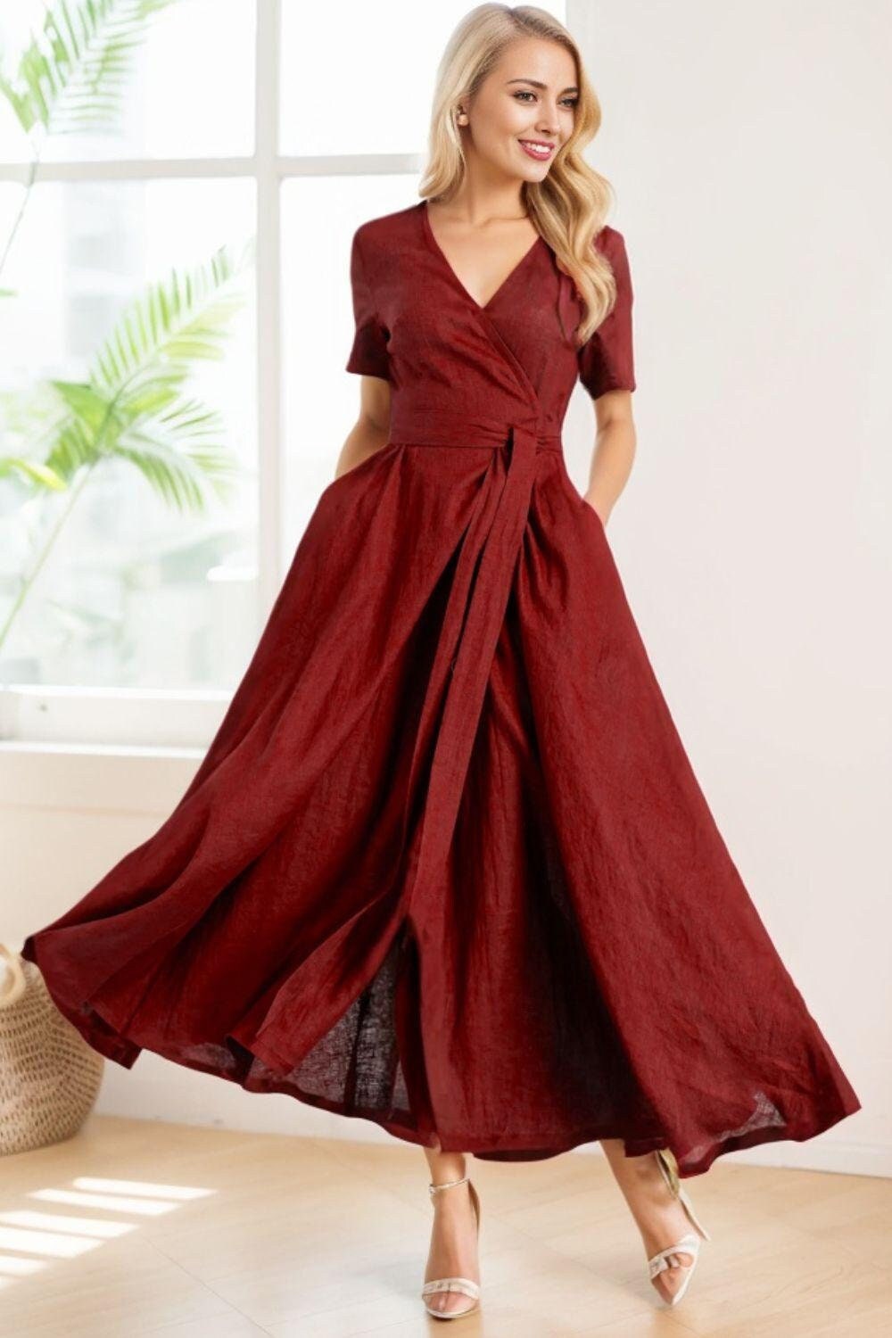 chinese dress ladies Burgundy romantic wrap dress, bridesmaids dress, maxi dress, long dress,  wedding guest dress, formal dress, evening summer dress – ENME.ME main image 0