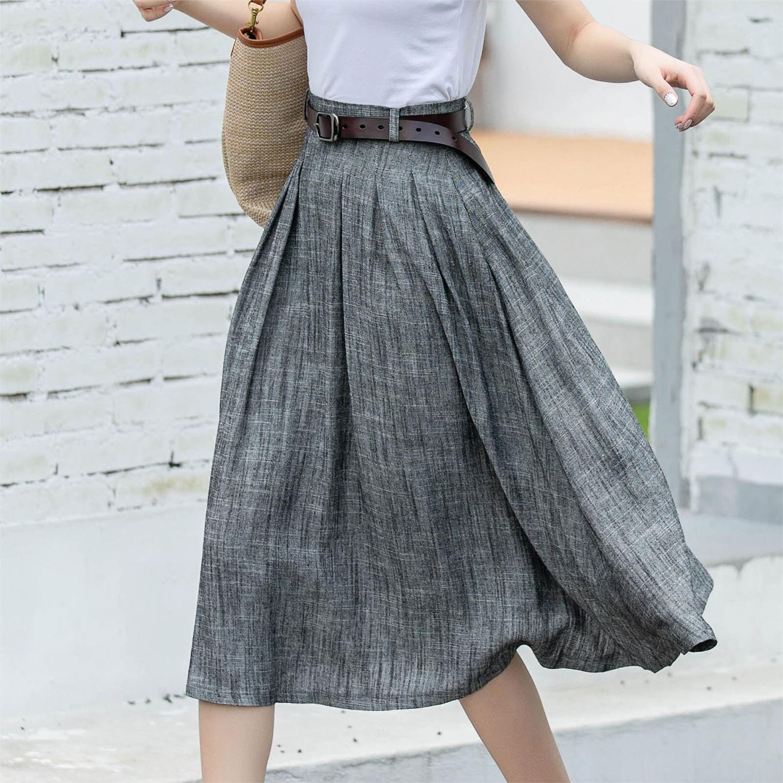 High Waist A Line Pleated Midi Skirt, Women's Swing Vintage Skirt
