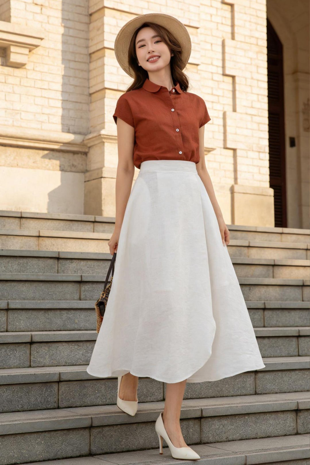 White Linen Wrap Skirt: Midi A-line Summer Skirt With Pockets