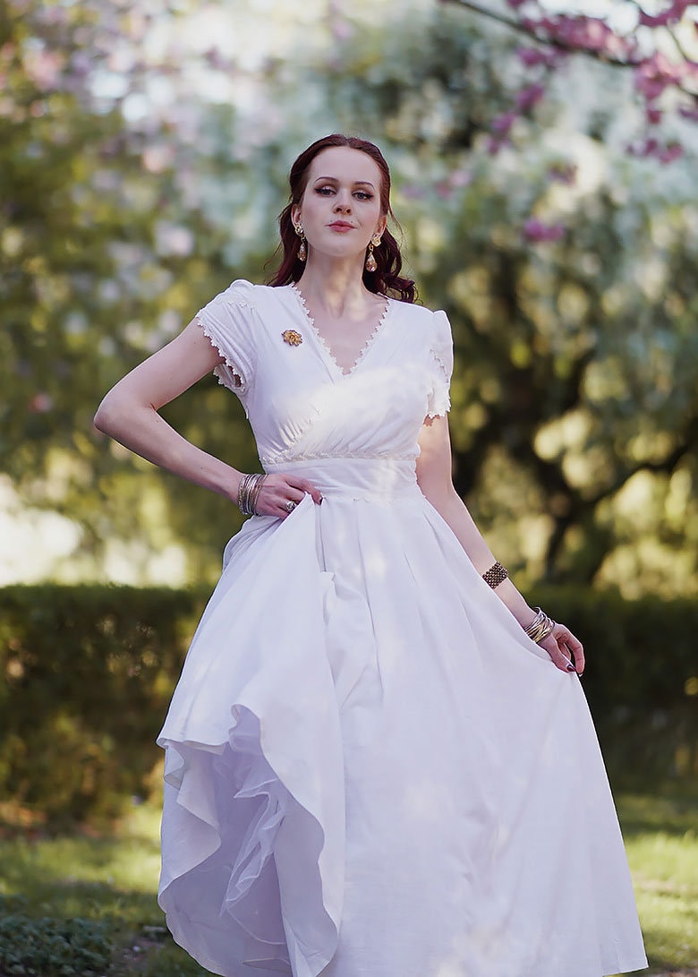 White Linen Maxi Dress, Boho Wedding, Formal Prom, Custom, Xiaolizi 0959#