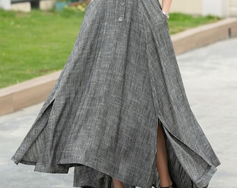 Casual Outings, Linen skirt, Women summer long swing skirt, Asymmetrical skirt with pockets, minimalist skirt, Custom skirt, Xiaolizi 6049