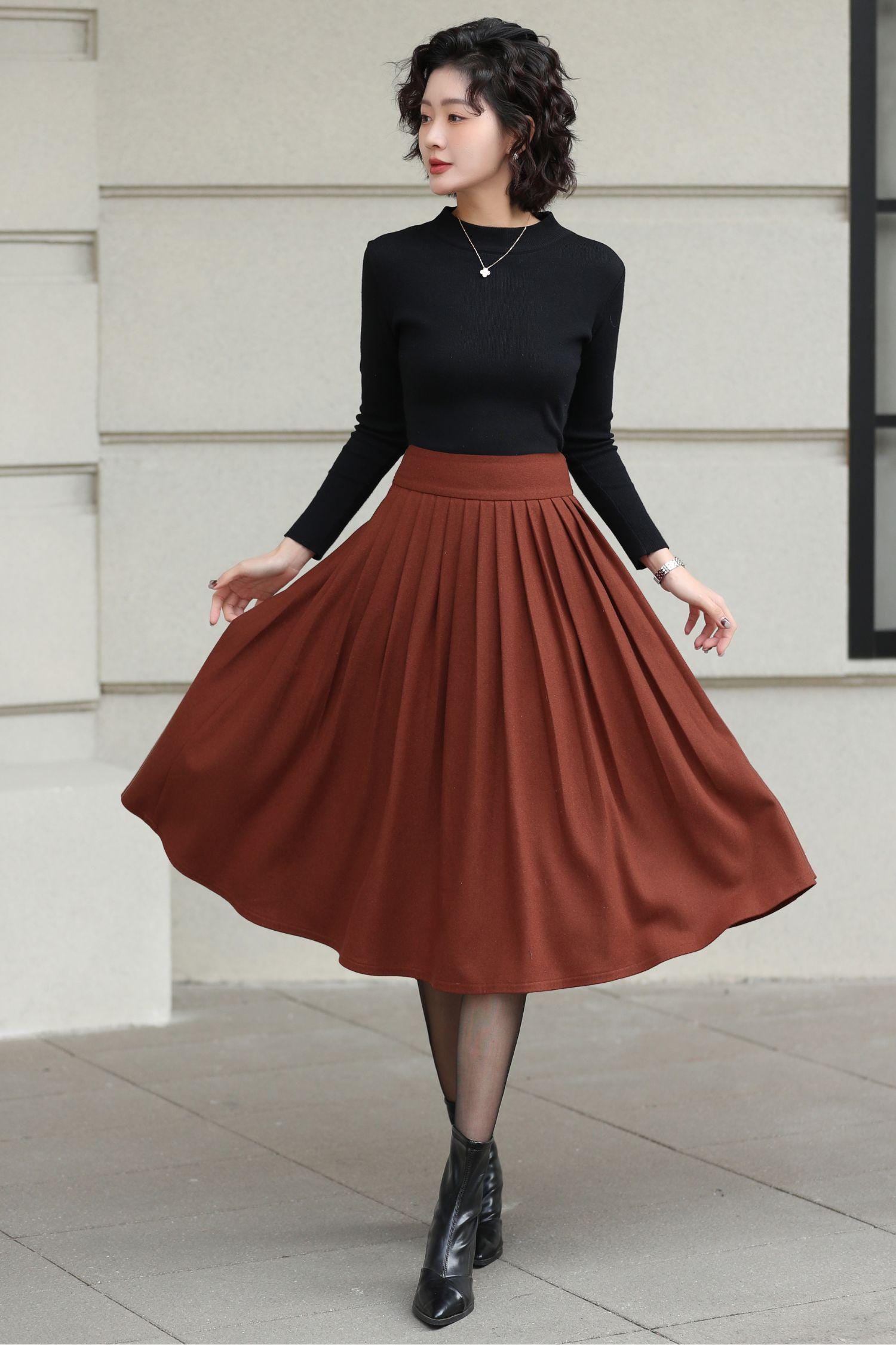 Rust Wool Blend Midi Skirt: High Waist Pleated A-line Winter Skirt