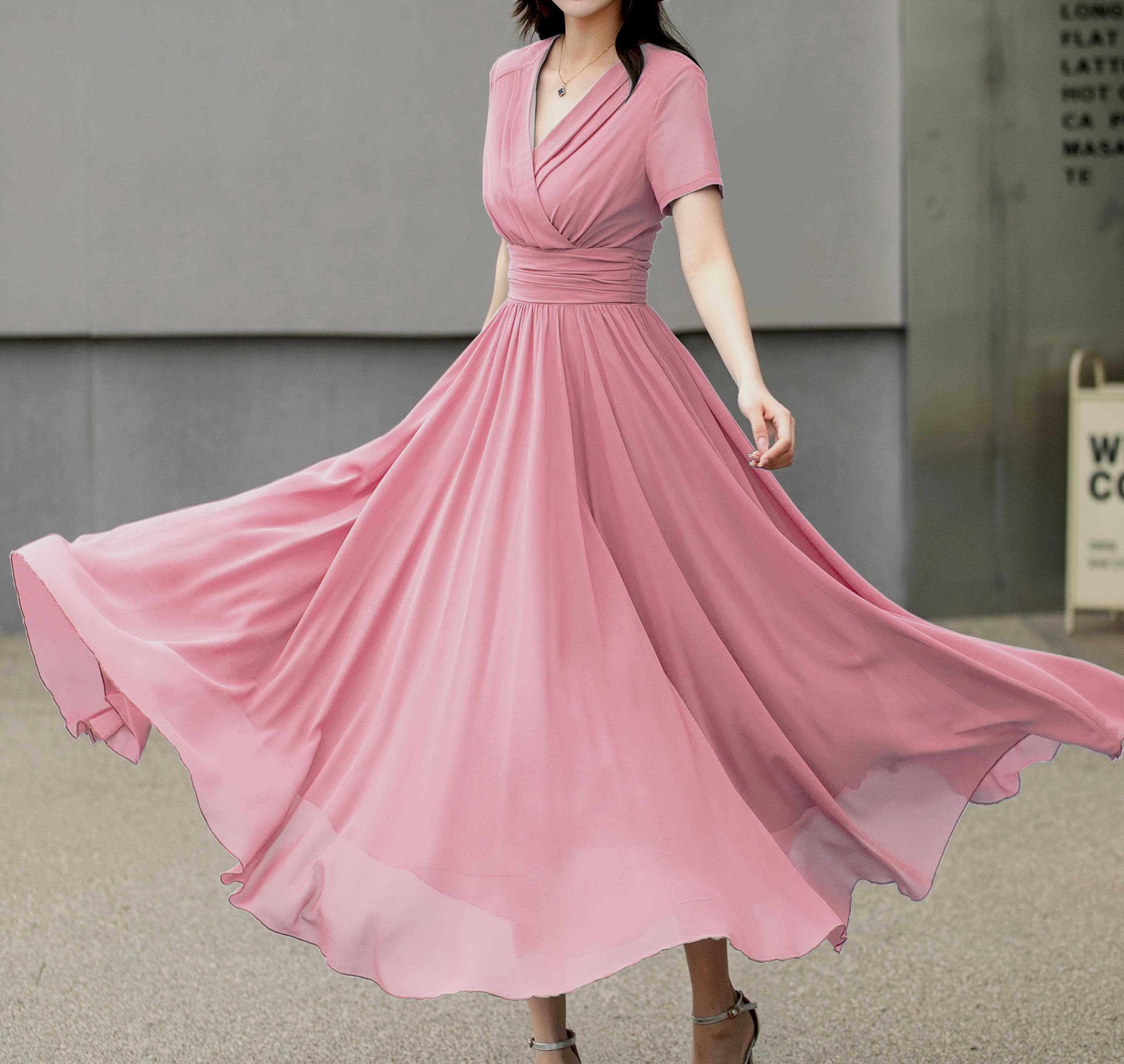 Pink Chiffon V-neck Dress, Women Maxi Summer Dress, Elegant
