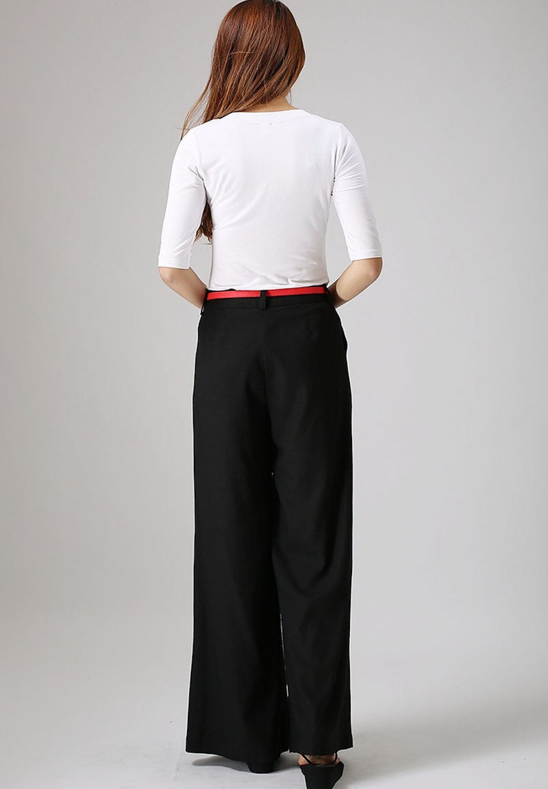 Black linen pants outfit summer casual street styles, Women's Wide leg linen pants with pockets, Long linen palazzo pants 0873 image 6