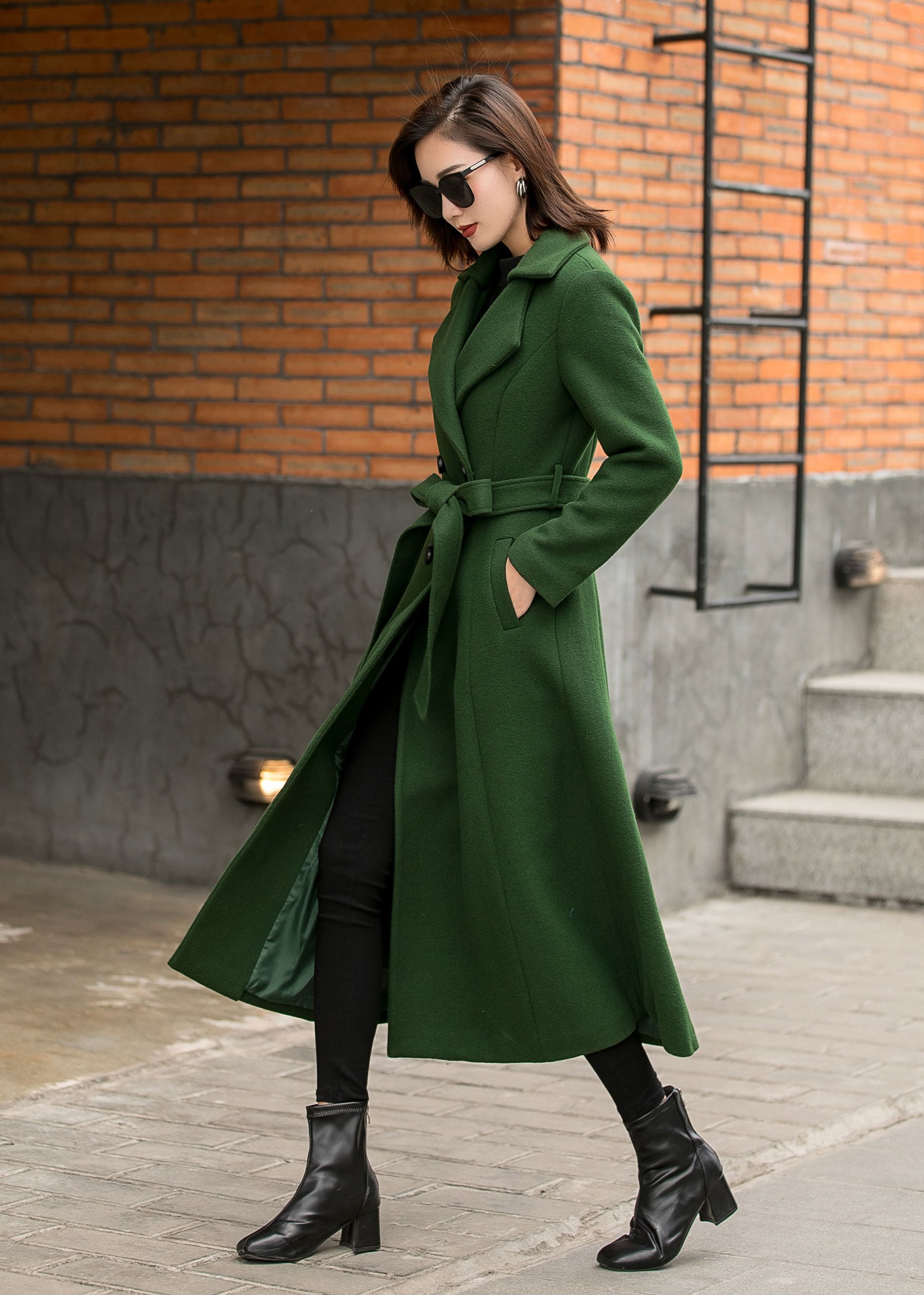 British Style Long Wool Coat in Green, Warm Coat Women, Vintage Winter Coat,  Fit and Flare Solid Coat, Maxi Soft Wool Coat With Belt 2842 -  Canada