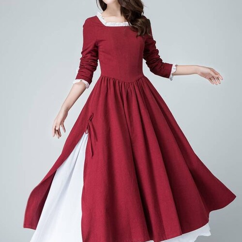 Burgunderfarbenes Leinenkleid, viktorianisches Prärie-Cottagecore-Maxikleid, Vintage-Partykleid mit eckigem Ausschnitt, langen Ärmeln und ausgestelltem Rock, Xiaolizi 1473#