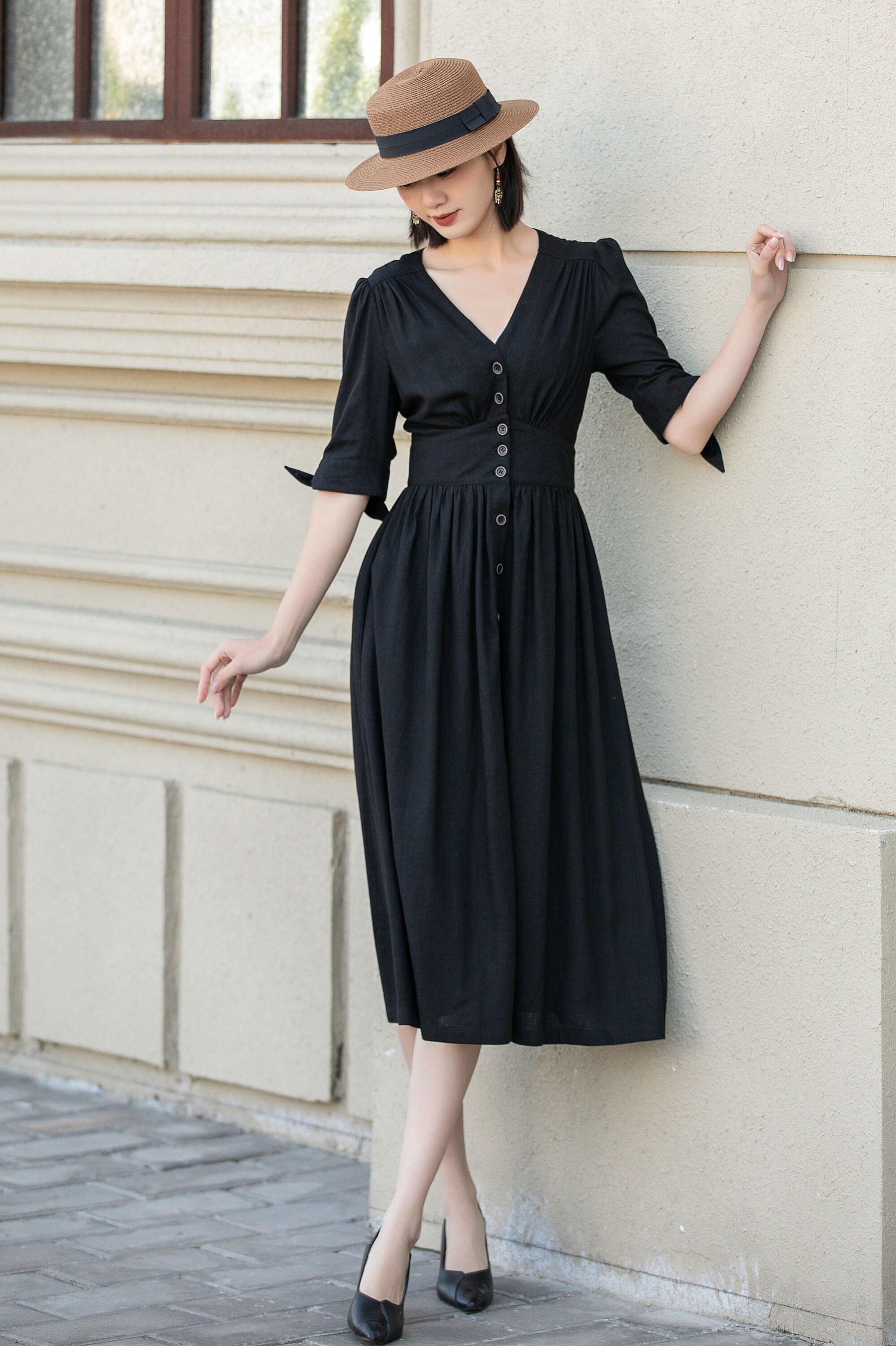 cotton linen woman dress black Midi with Button Down V-Neck Black Velvet Evening Gown Glamorous Off The Shoulder Color:Powder-Blue a breezy linen
