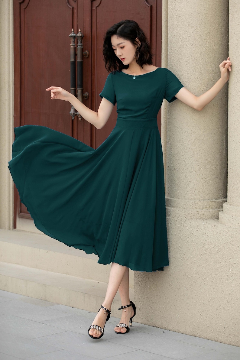 Elegant Deep Green Midi Dress, Flattering Aline Fit Dress, Handcrafted — free download