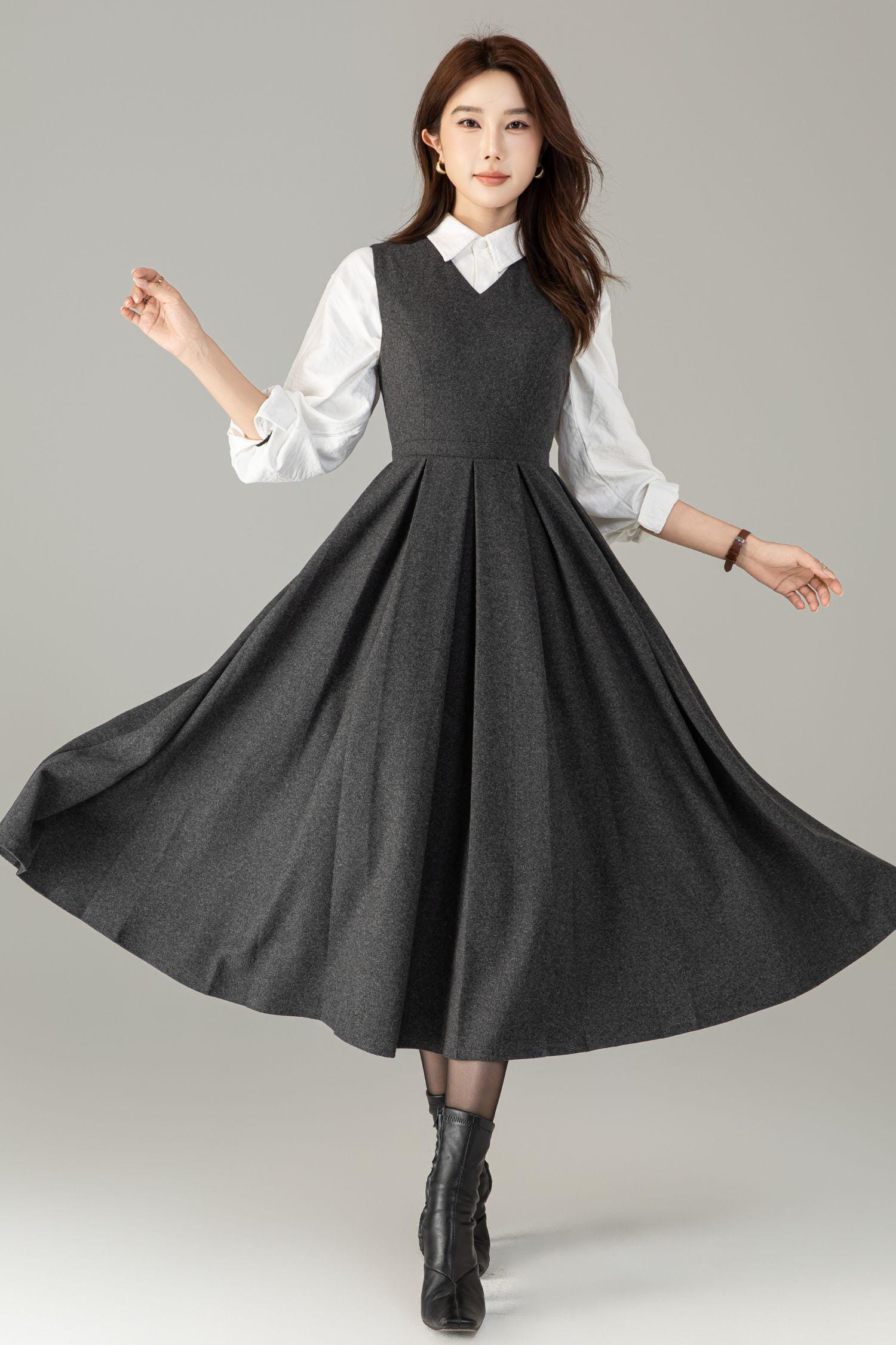 Grey Wool Midi Pinafore Dress: Vintage Style Pleated Jumper
