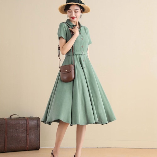1950s Shirtwaist Dress Women, Retro Swing Shirt Dress, Midi Dress with Pocket, Button up Dress, Fit and Flare Dress, Handmade Dress 2790#