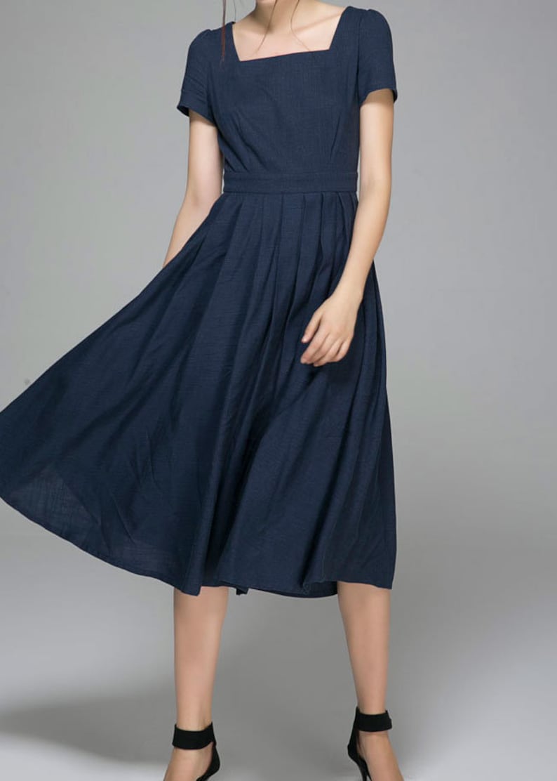 Puff Sleeve Midi Dress for Women Square Neck Cotton Linen - Etsy