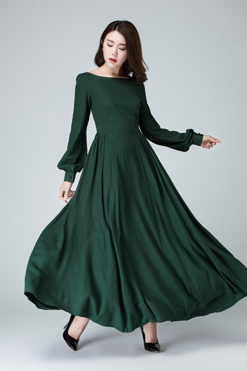 Women Vintage inspired Medieval dress, Long sleeve Linen maxi dress, Green dress, Long dress, Modest dress, Gothic dress, Autumn dress 3125 image 9