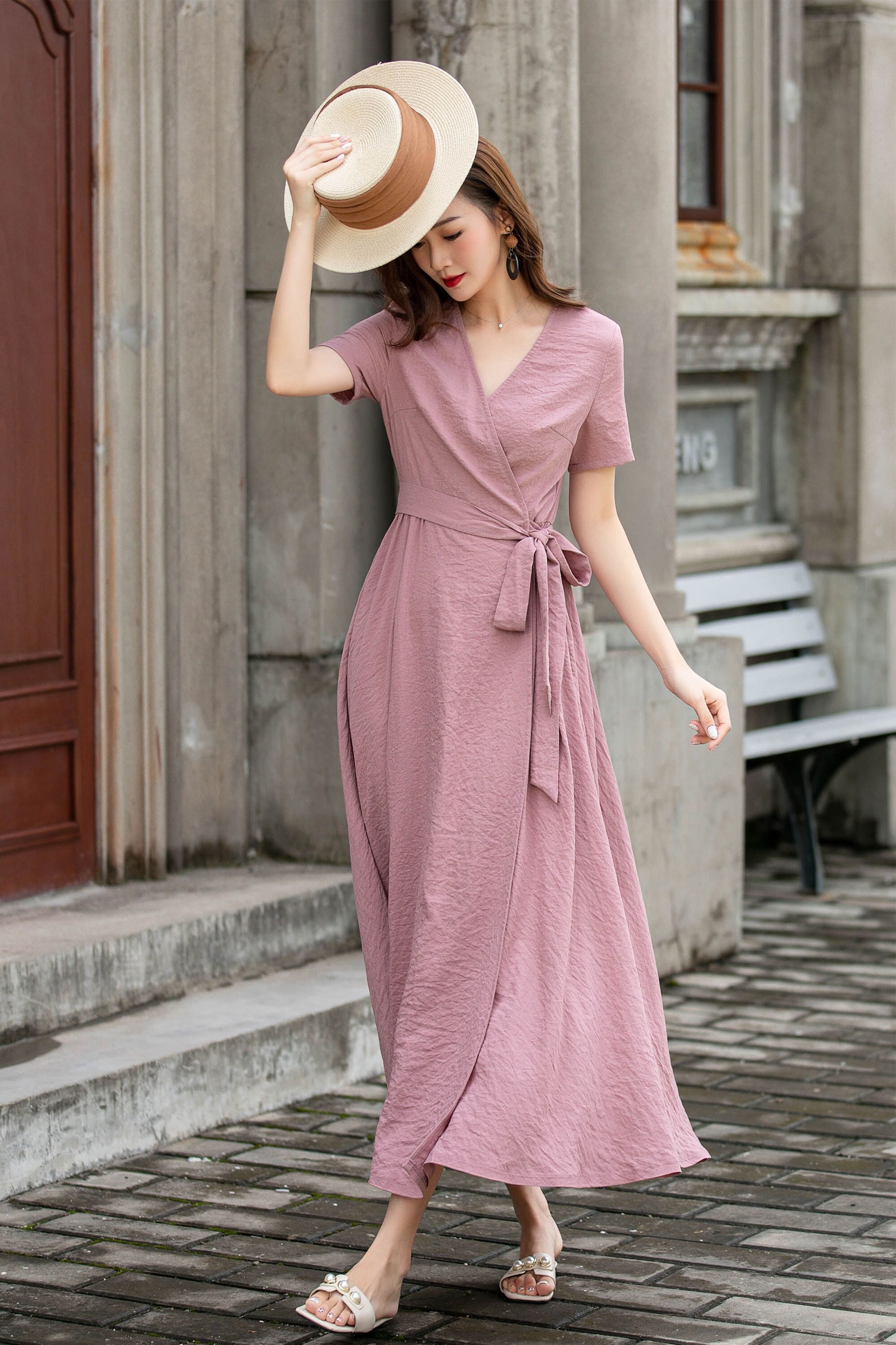 Linen Dress, Linen Wrap Dress, Summer Pink Linen Maxi Dress