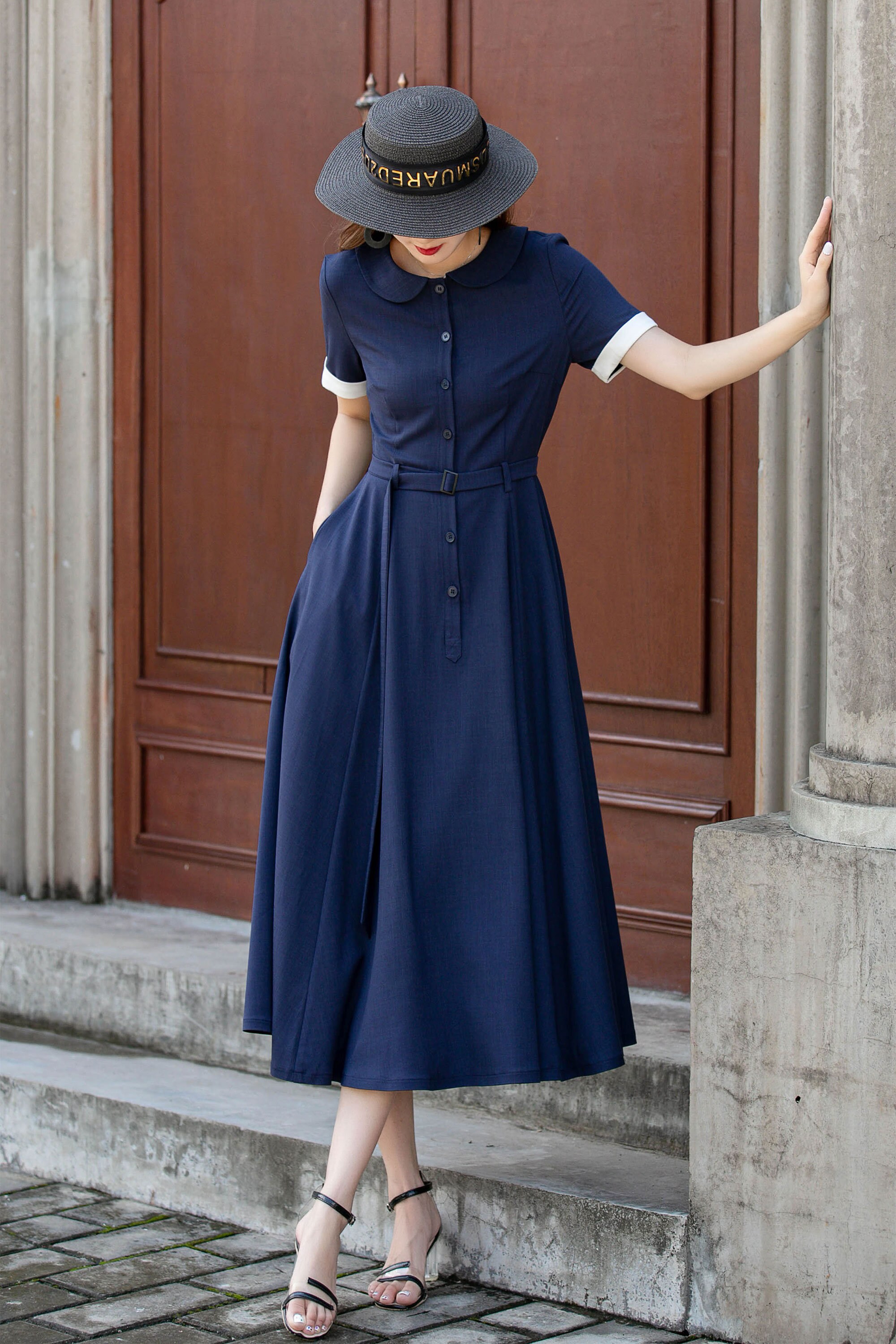 Semi-formal Navy Midi Shirt Dress, Short Sleeve Button up Dress