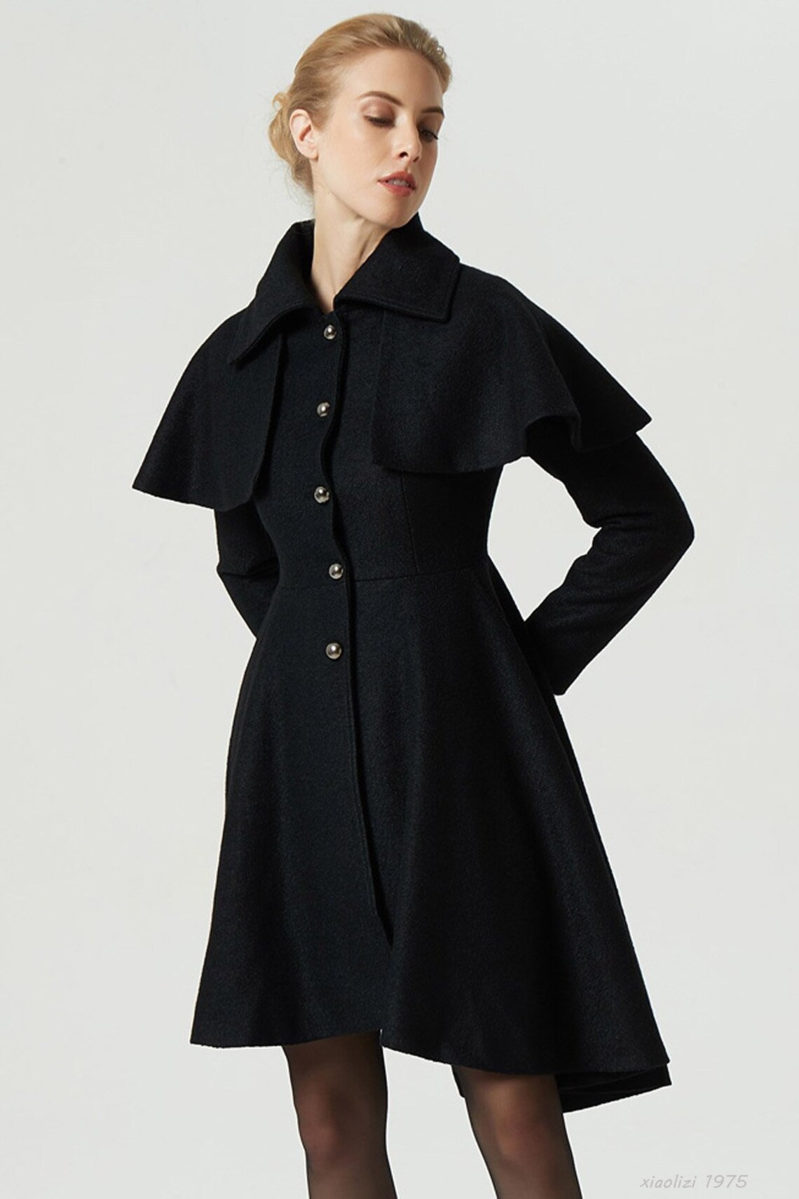 black wool coat womens capelet coat swing coat winter | Etsy