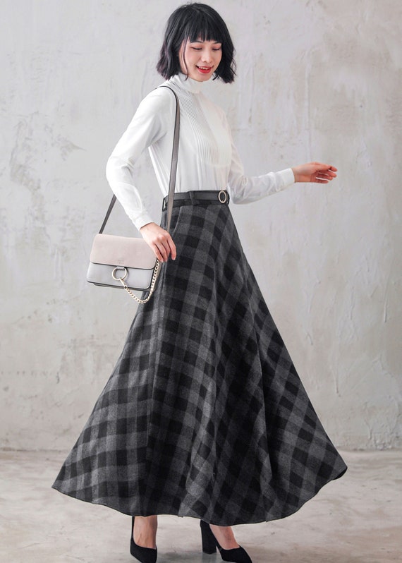 Womens A Line Woolen Plaid Maxi Retro Winter Skirt 3103 Womens A Line Woolen Plaid Maxi Retro Winter Skirt 3103