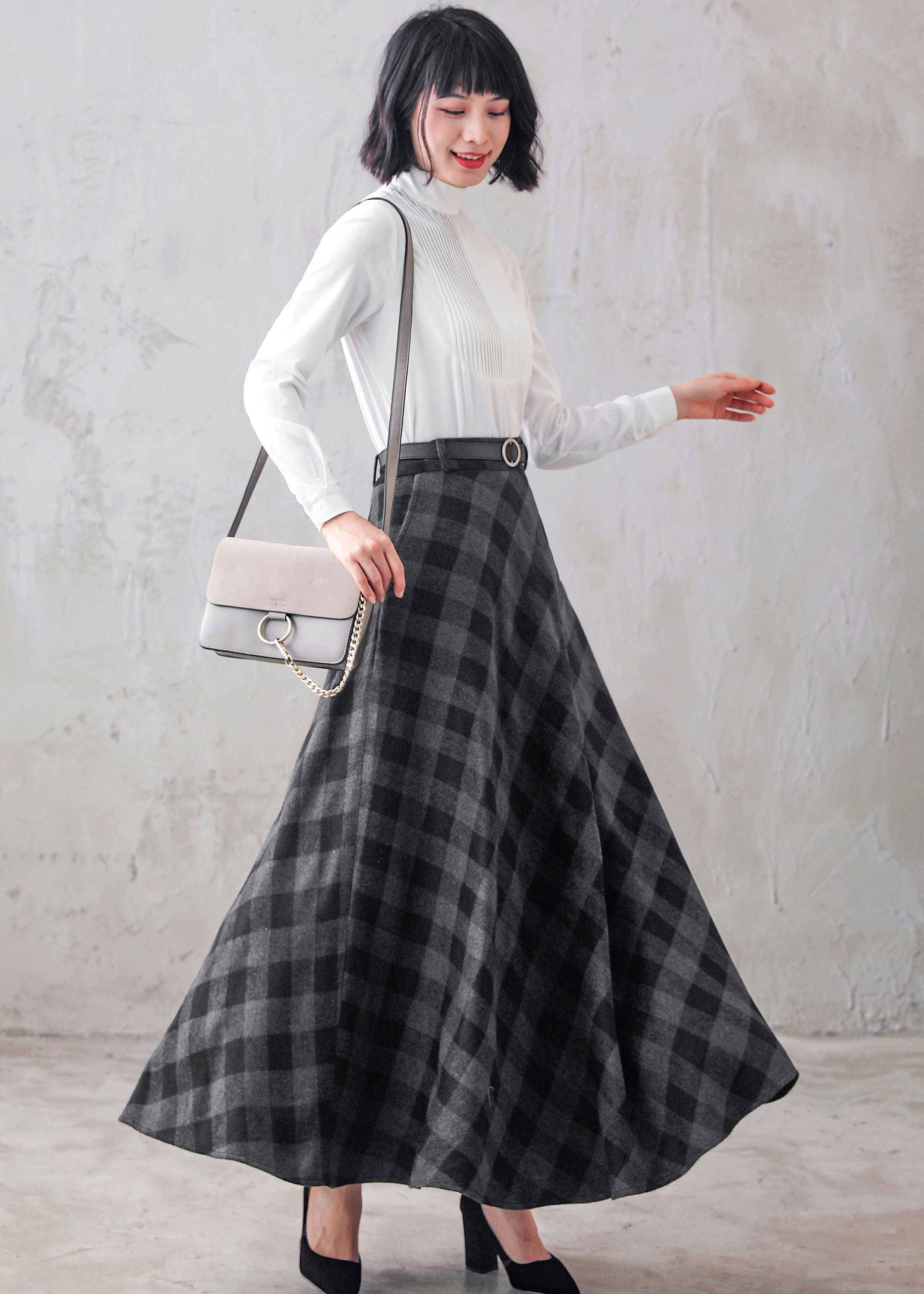Womens A Line Woolen Plaid Maxi Retro Winter Skirt 3103 Womens A Line Woolen Plaid Maxi Retro Winter Skirt 3103