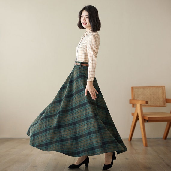 Green Maxi Wool Plaid Skirt, Long Wool Skirt With Pockets, Tartan Skirt,  Vintage Swing A Line Skirt, Full Fall Winter Skirt, Xiaolizi 4621 -   Israel