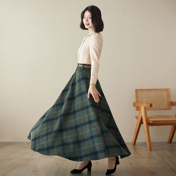 Green Maxi Wool Plaid Winter Skirt 4621 Green Maxi Wool Plaid Winter Skirt 4621