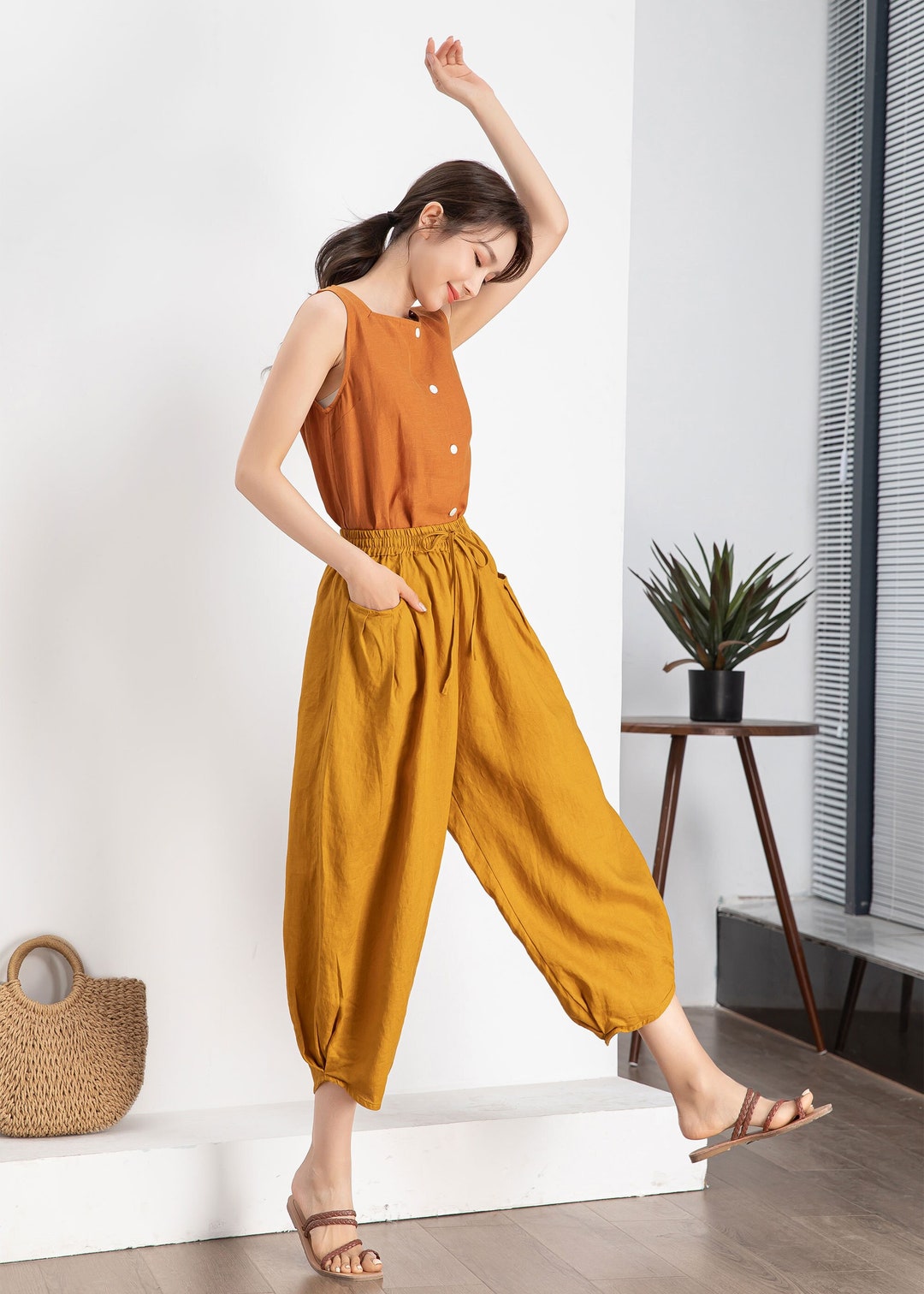 Yellow Baggy Linen Pants Plus Size Linen Pants Wide Leg Etsy