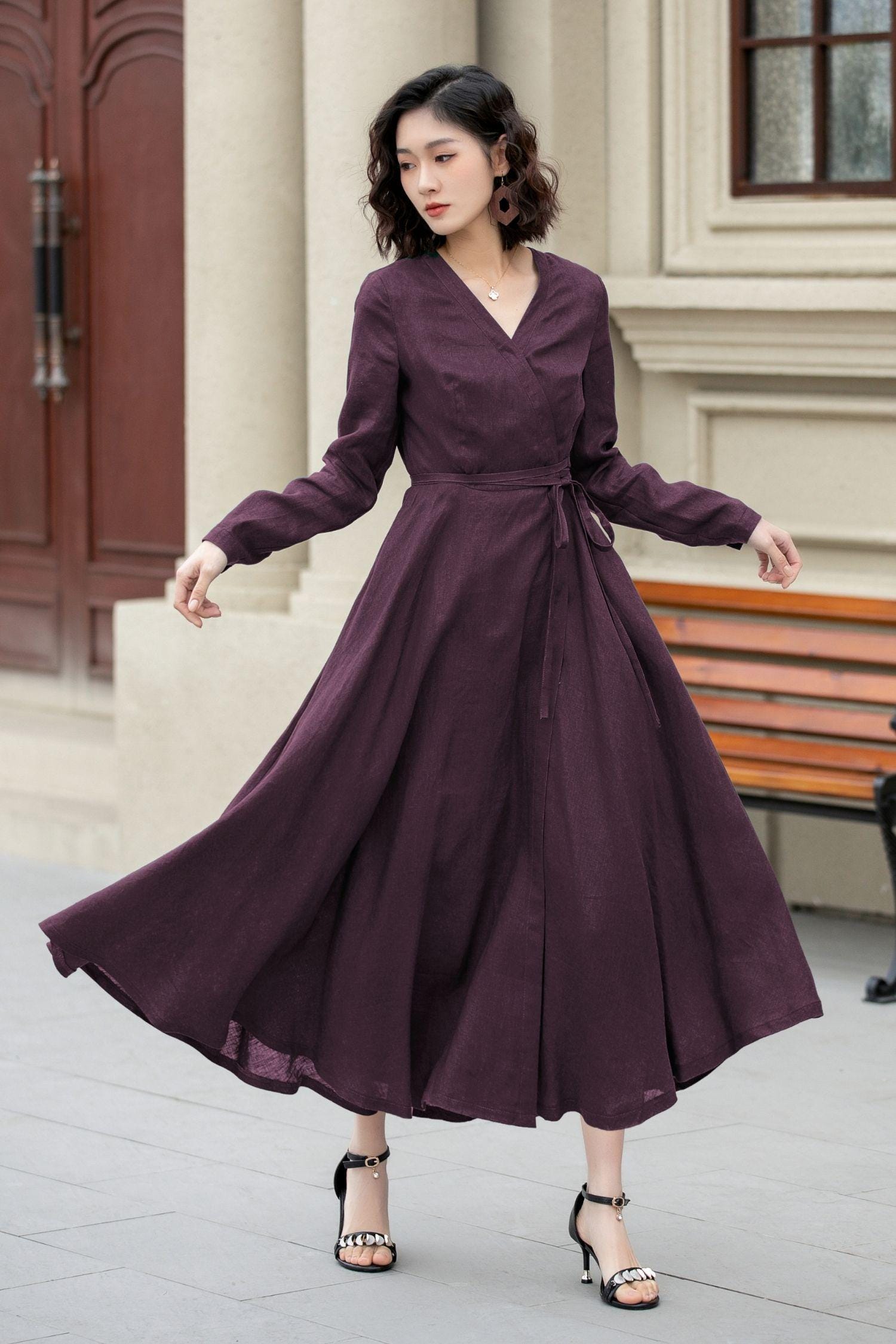 Purple Linen Cotton Wrap Maxi Dress: Long Sleeve V-neck Swing