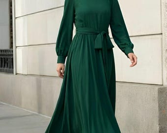 Women Vintage inspired Medieval dress, Long sleeve Linen maxi dress, Green dress, Long dress, Modest dress, Gothic dress, Autumn dress 3125#