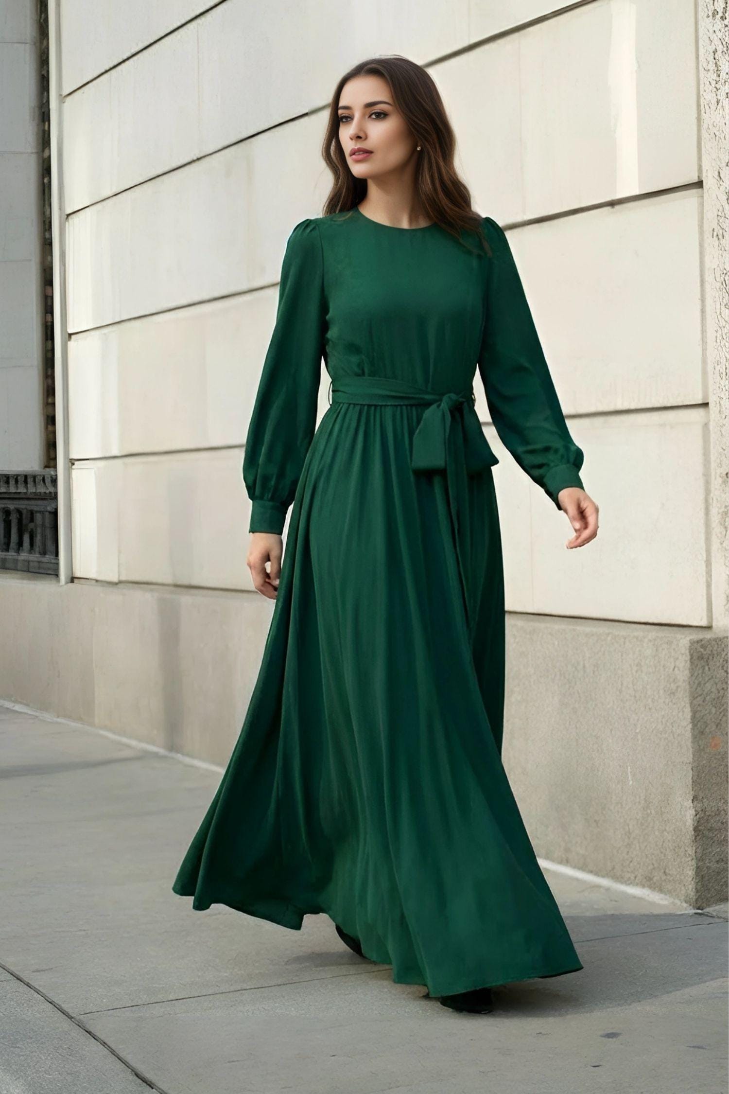 女性用ヴィンテージ風中世ドレス、長袖リネンマキシドレス、グリーン