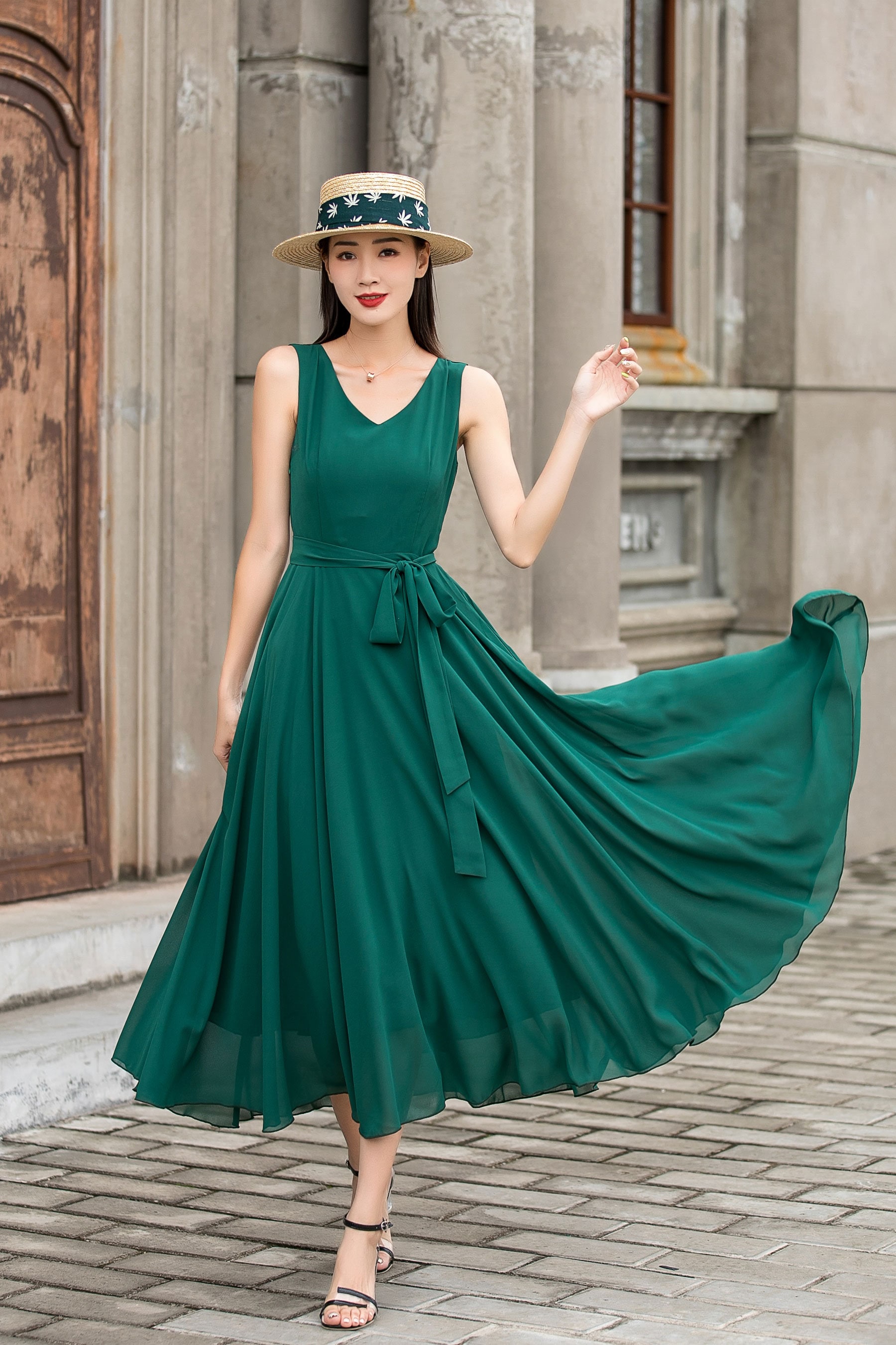 Green Olive Chiffon Floral Ruffle Dress, V Neck Summer Chiffon Dress,  Summer Boho Dress Long Sleeve -  Sweden