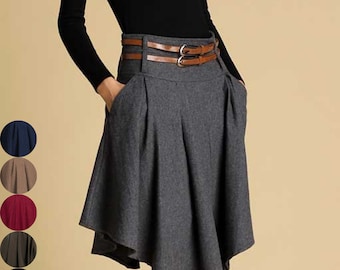 Winter Asymmetrical Wool Skirt Women, Pleated Wool Midi Skirt, Skater Skirt with pocket, Wool Circle skirt, Retro Grey Skirt XiaoLizi 0359#