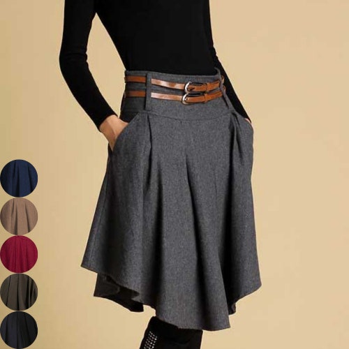 Winter Asymmetrical Wool Skirt Women, Pleated Wool Midi Skirt
