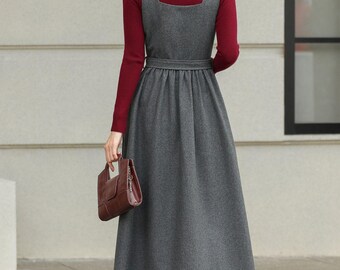 Grey Wool-blend Pinafore Dress: Women A-line Midi Jumper With Belt