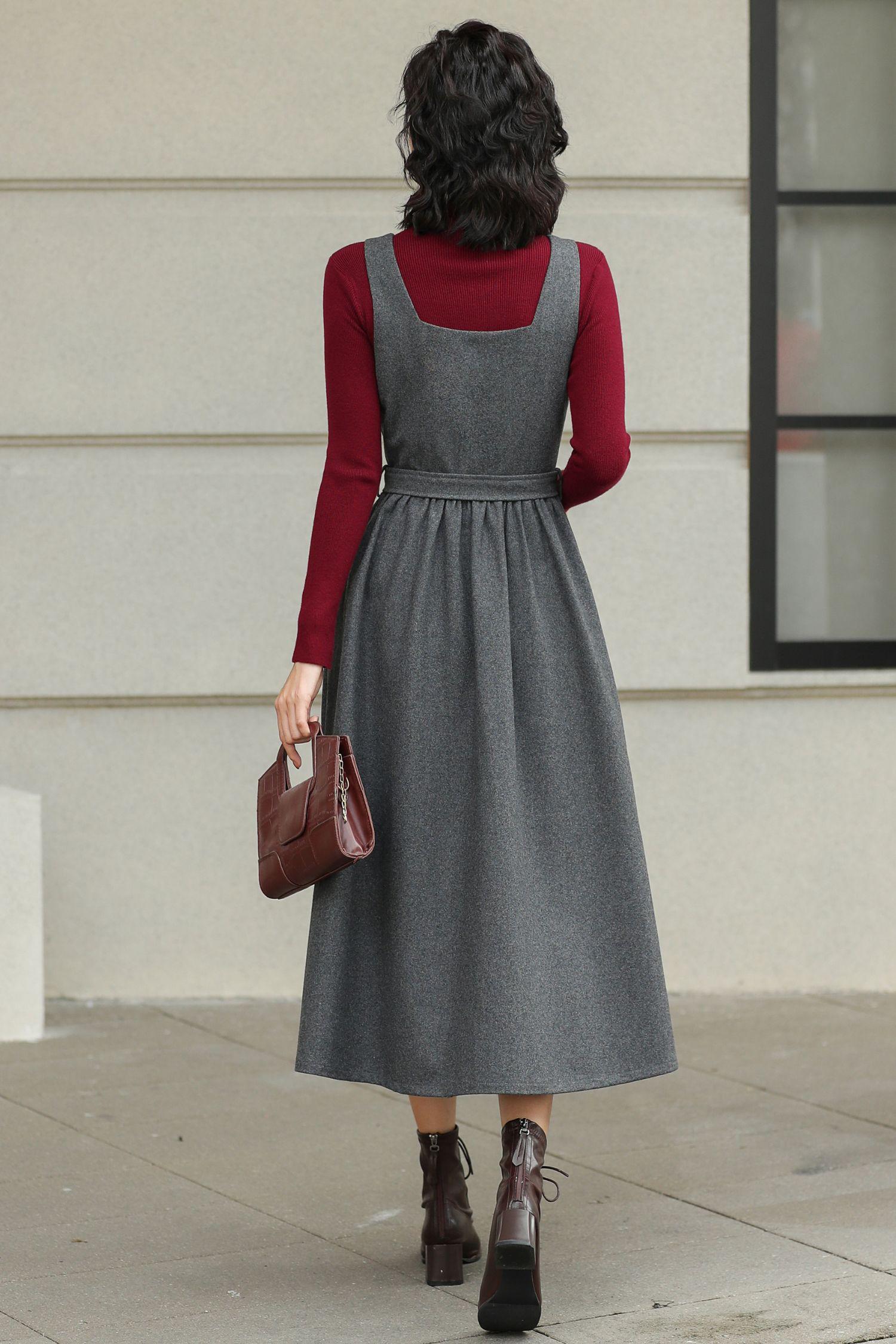 Grey Wool-blend Pinafore Dress: Women A-line Midi Jumper With Belt