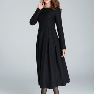 Black Winter Midi Wool Dress, Boat Neck Pleated Dress, Long Sleeve Dress with Pockets, Fitted and Flare Dress, Retro Day Dress 1622 image 4