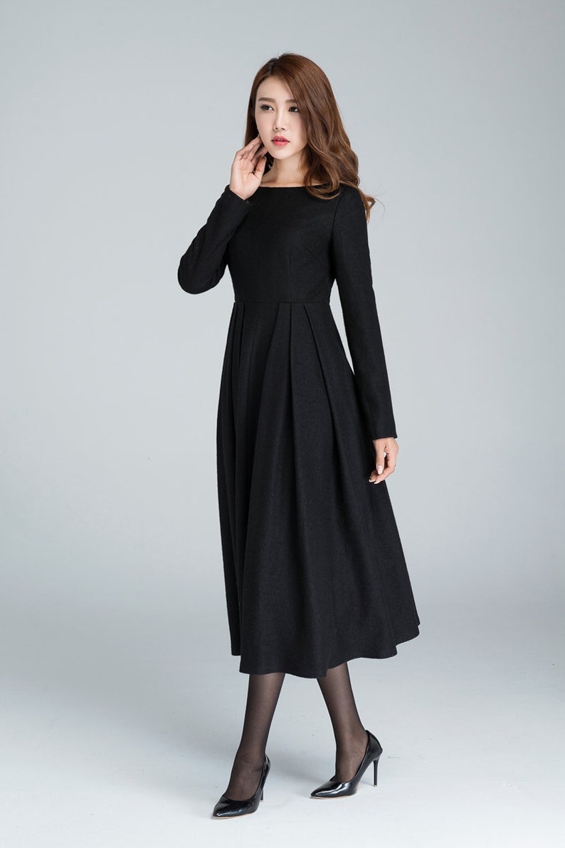 Black Winter Midi Wool Dress, Boat Neck Pleated Dress, Long Sleeve Dress with Pockets, Fitted and Flare Dress, Retro Day Dress 1622 image 4