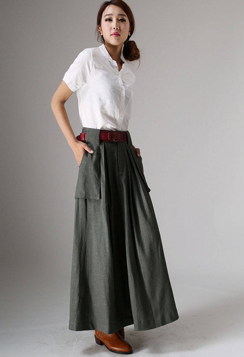 Wide leg Maxi Linen skirt, A Line skirt with pockets, Green linen skirt, linen skirt, womens skirt, Long linen skirt, skirt for women 0987 image 3