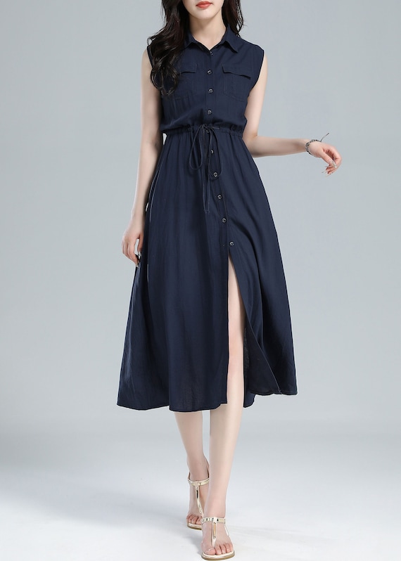 Linen Summer Midi Dress | Xs Blue Sleeveless Shirt 3619 Handmade By Xiaolizi Linen Summer Midi Dress | Xs Blue Sleeveless Shirt 3619 Handmade By Xiaolizi